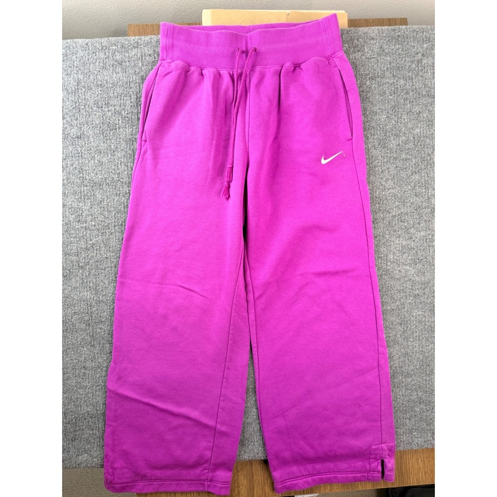 Nike Womens M Pink Fleece Wide Leg Sweatpants Embroidered Swoosh Joggers Street